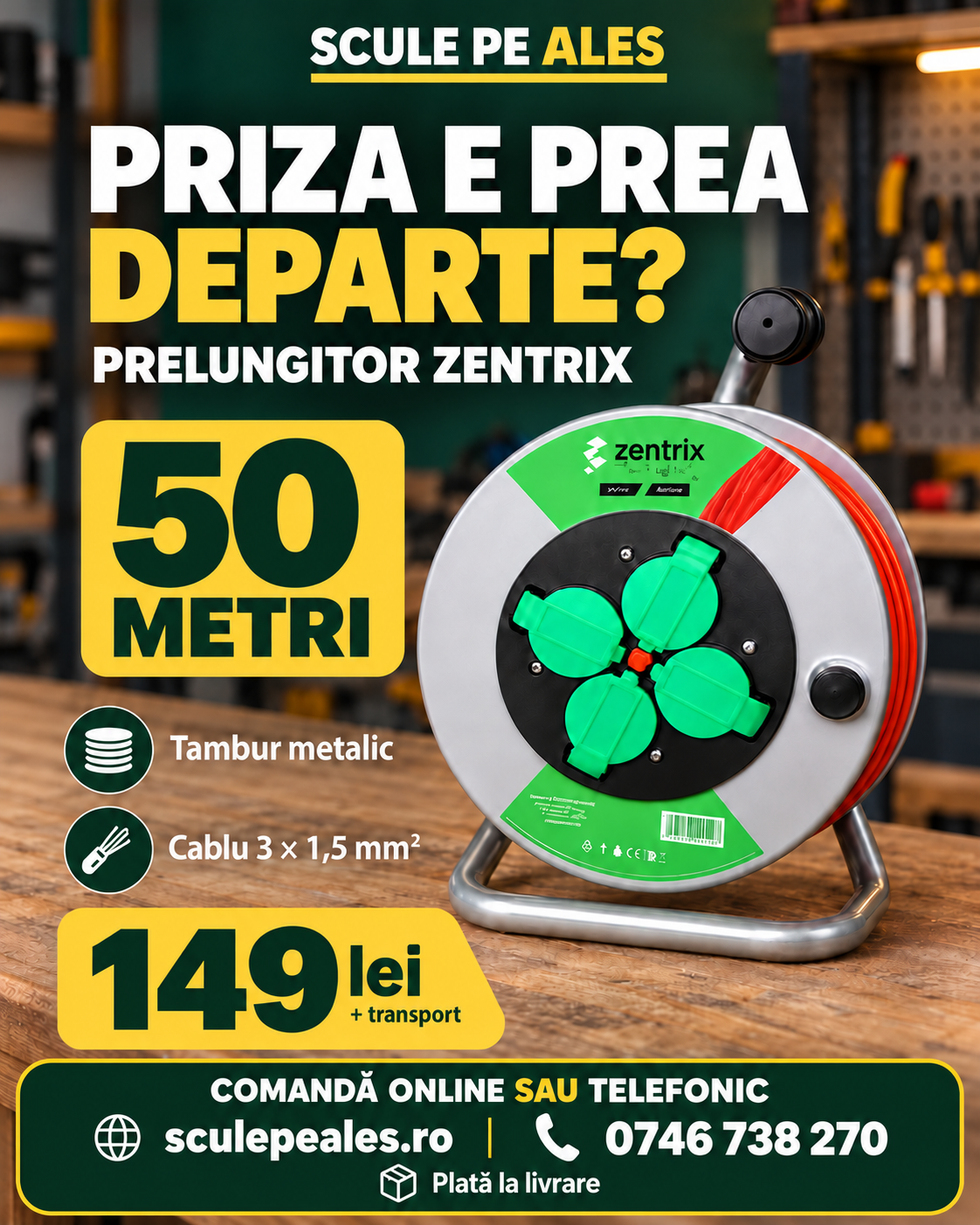 Prelungitor Zentrix 50 m pe tambur metalic, cablu 3 × 1,5 mm² — 149 lei plus transport. Comandă online sau telefonic: 0746 738 270.